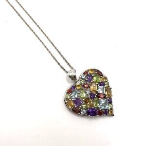 Multi Gemstone Cluster Heart Pendant Sterling Silver Necklace | N074